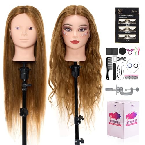 Neverland Hairdressing Head,28 inch 50% Real Human Hair Training Head Cosmetology Make-up Mannequin Manikin Doll Head with Table Clamp Holder,Eyelash,DIY Hair Styling Braid Set