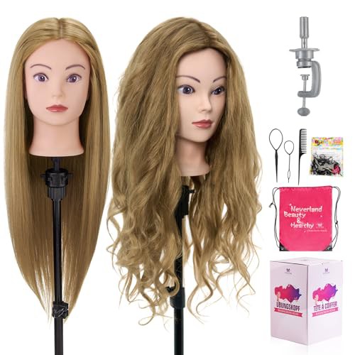 71cm hairdressing Head, 60% Real Human Hair Cosmetology Mannequin Head Manikin Doll Head with Table Clamp + DIY Hair Styling Tools Set 