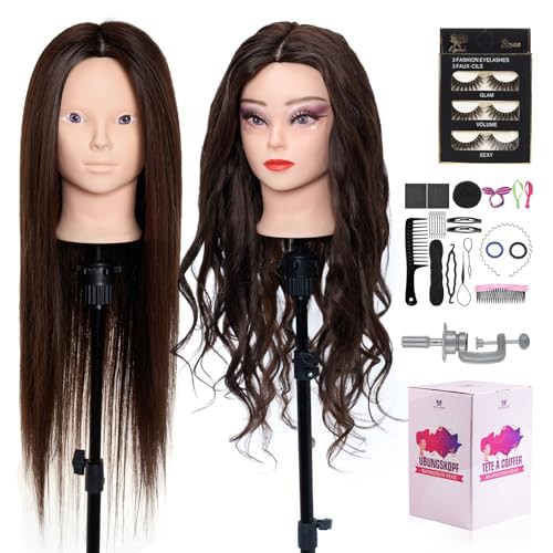 Mannequin Head with 50% Real Human Hair, 26-28 Inch Make up Cosmetology Manikin Practice Head with Hair,Braiding Hairdressing Head for Hair Styling with Table Clamp + DIY Hair Styling Set