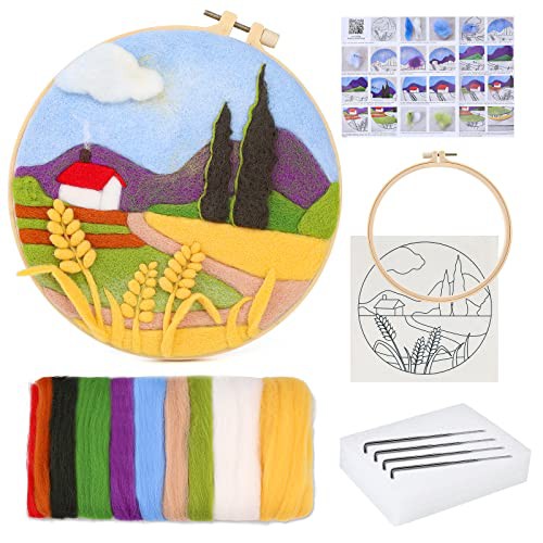 Doxiru Needle Felting Kit for Beginners Including Wool Roving, Picture Frame,Beautiful Wool Painting and Needle Felting Tool, Great for Make Gifts Home Decoration