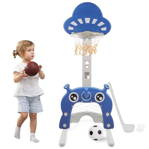 Basketball Hoop Stand Set for Kids 5 in 1 Sports Activity Center Adjustable Height from 45'' to 60'' Easy Score Basketball Football Golf Ring Toss Game Indoor Outdoor for Toddlers Boys Girls 