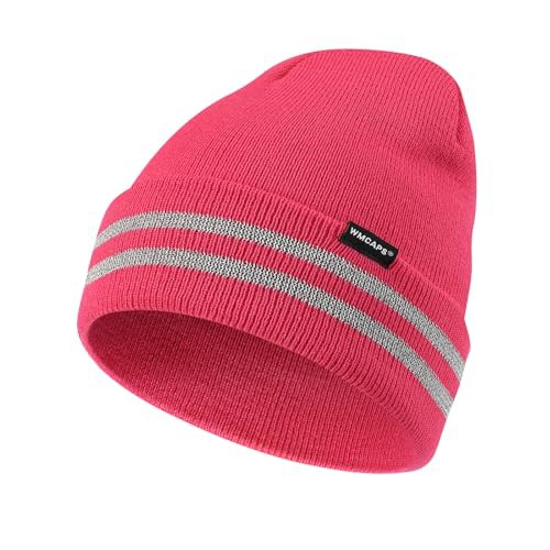 Wmcaps Unisex Reflective Beanie, High Visibility Mens Beanie with Reflective Stripes, Knit Winter Hats for Men and Women, Classic Cap for Outdoor Activities Work Sports, Rose