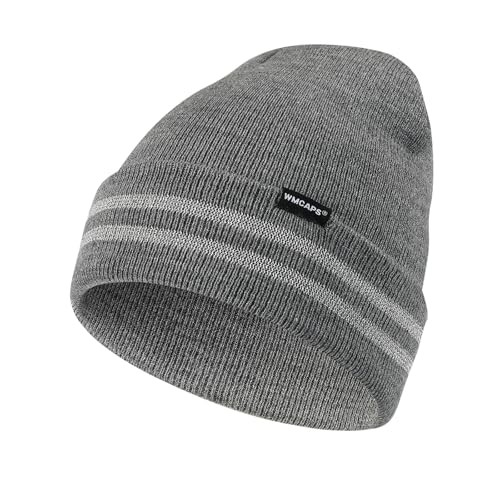 Wmcaps Unisex Reflective Beanie, High Visibility Mens Beanie with Reflective Stripes, Knit Winter Hats for Men and Women, Classic Cap for Outdoor Activities Work Sports, Grey