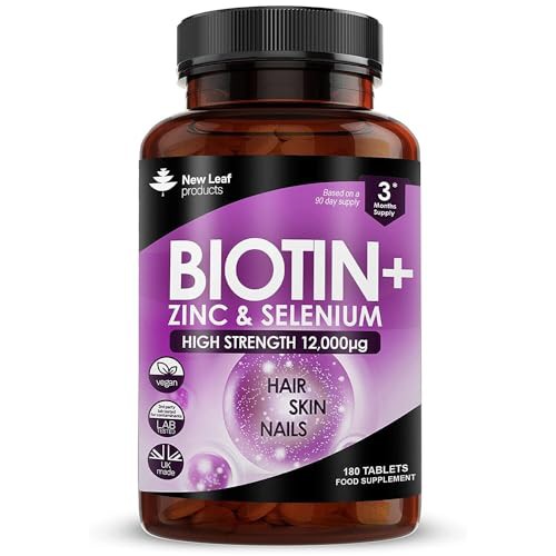 Biotin Hair Growth Vitamins 12,000mcg D-Biotin Tablets Enriched with Zinc & Selenium –Vegan Hair Skin & Nails Vitamins for Women and Men High Strength Hair Vitamins 6 Months Supply UK Made - New Leaf