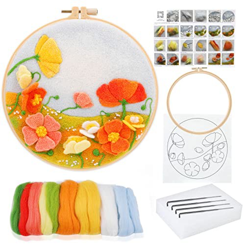 Doxiru Needle Felting Kit for Beginners Including Wool Roving, Picture Frame,Beautiful Wool Painting and Needle Felting Tool, Great for Make Gifts Home Decoration