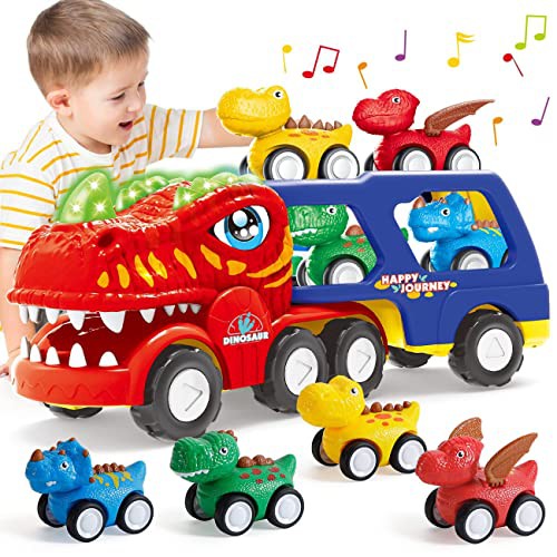INSTOY Toddler Truck Toys for 3 4 5 Year Old Boys Gifts, 5-Pieces Dinosaur Car Toys for Boys Age 3 4 5 6, Monster Truck Toys for Kids 3-4, Pull Back Cars for Toddlers Girls Age 3-5 Birthday Gifts
