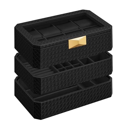 SONGMICS HOME RONNE Collection - 8-Slot Watch Box, 3-Tier Stackable Watch Case, Woven Embossed PU Leather, Floating Effect, Gift Idea, Ink Black Surface, Ink Black Lining JWB021B01