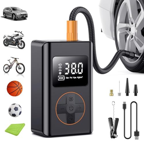 Tyre Inflator Portable Air Compressor,5 Mode Cordless Tyre Inflator 150PSI 6000mAh Rechargeable Power Bank Auto Shut-Off Digital Display Electric Air Pump w LED Light for Car, Motorcycle, Bike, Ball