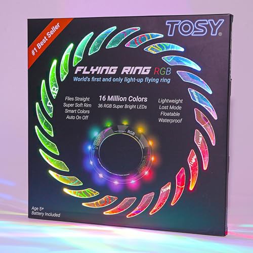 TOSY Flying Ring - 16 Million Color RGB or 12 LEDs, Super Bright, Lost Mode, Auto Light Up, Safe & Soft, Waterproof, Lightweight frisbee, Birthday, Camping & Outdoor/Indoor Gift Toy for Boy/Girl/Kid