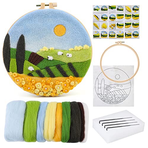 Doxiru Needle Felting Kit for Beginners Including Wool Roving, Picture Frame,Beautiful Wool Painting and Needle Felting Tool, Great for Make Gifts Home Decoration