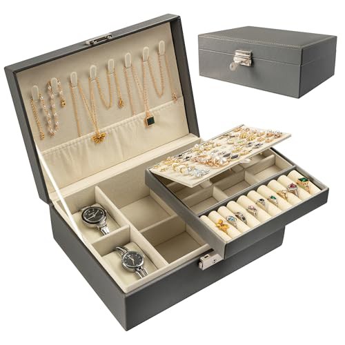 Baketron Grey Stackers Jewellery Box with Key and 2 Watch Pillows Jewelry Organiser Storage travel case for Necklace Rings Bracelets Earrings Premium PU Leather Jewellery Gift Box Girls Women