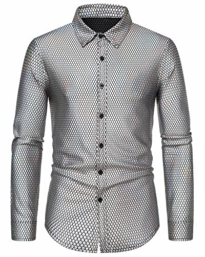 MakingDa Men's Dress Shirt Rhombus Bronzing Print Long Sleeve Button Down Shirts 70s Disco Party Costume