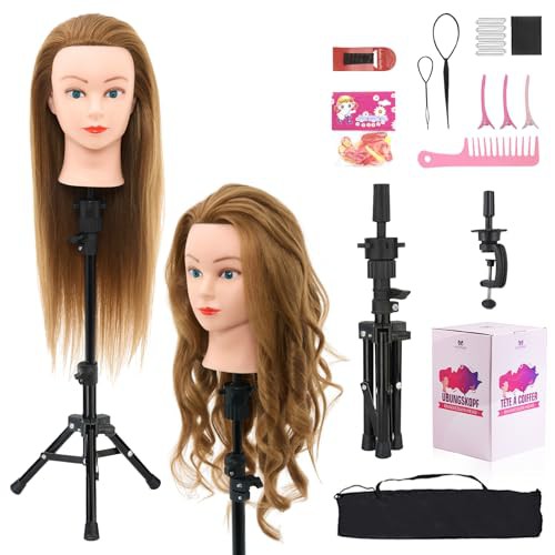 Neverland 71cm Hairdressing Head with Training Head Stand, 60% Real Hair Doll Head for Hairdressing, Training Heads for Hairdressers Training Head with Table Clamp, Diy Hair Braiding Set 