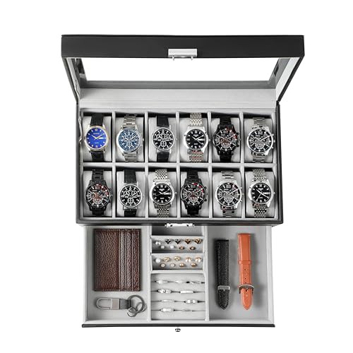 KILHS Watch Box for Men, 12 Slot Watch Case with Glass Lid, Lockable Double Watch Storage Box with 1 Wrawer for Rings, Earrings, Gift Idea, Black Synthetic Leather, Grey Lining