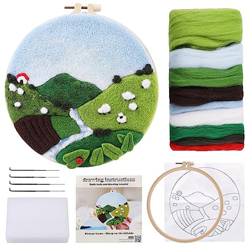 Doxiru Needle Felting Kit for Beginners Including Wool Roving, Picture Frame,Beautiful Wool Painting and Needle Felting Tool, Great for Home Decoration
