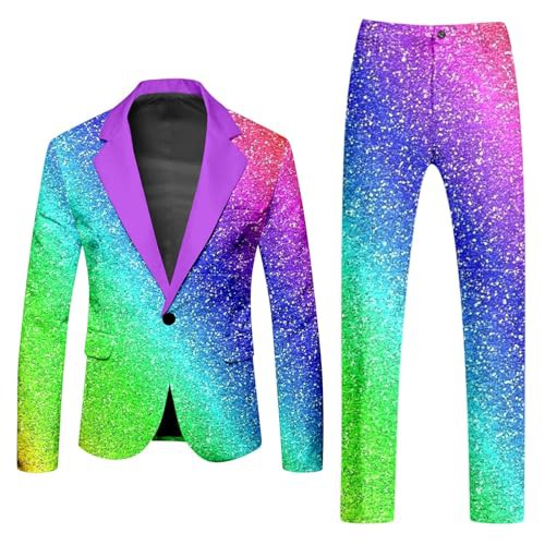 Mymyguoe Fashionable Party Rainbow Suits 2-Piece Men's Suit Jacket and Suit Trousers Two Piece Men's Suits Rainbow Funky Suits Suit Neon Coloured Blazer Jacket Trousers Suits Slim Fit Clubwear Men's
