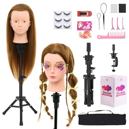 Neverland Beauty Make-Up Hairdressing Head with Training Head Stand, 26"-28" 60% Real Hair Training Heads for Hairdressers,styling Head with Eyelashes and Hair Accessories