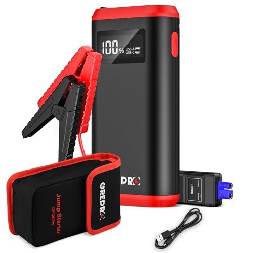 GREPRO 3000A Jump Starter Power Pack, Car Battery Booster Jump Starter and Jump Pack for 12V Vehicles, Motorcycle, Jump Starter with LCD Screen and LED Flashlight for up to 9.0L Gas, 7.0L Diesel Red