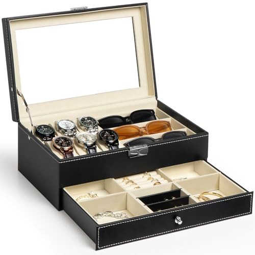 mepure Watch Box, Leather Jewellery Watch Box for Men Women, 6 Slot Watch Case & 3 Slot Sunglasses Organiser, 2 Layers Lockable Watch Holder with Glass Lid for Earrings, Rings, Bracelets 