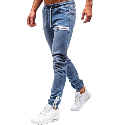 Mens Cargo Combat Jeans - Fashionable Drawstring Elasticated Waist Cuffed Trousers Joggers Men's Straight Leg Heavy Duty Cotton Jeans Casual Classic Trouser with Foot Zipper Plain Denim Wash