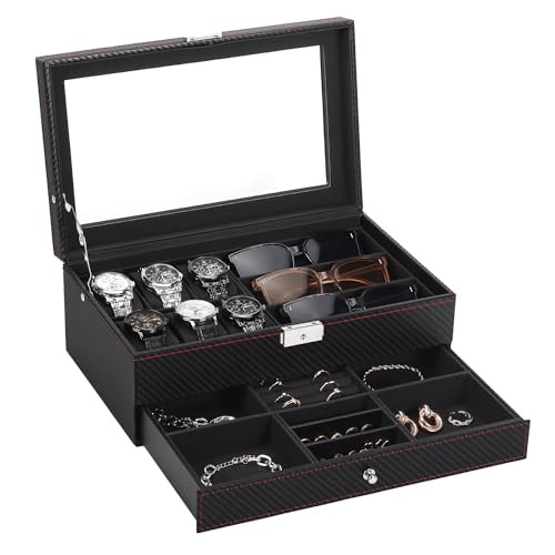 JUPELI Watch Box, Leather Mens Jewellery Box with 6 Slot Watch Case & 3 Slot Sunglasses Organiser, 2 Layers Lockable Watch Holder Organiser with Glass Lid For Earrings, Rings, Bracelets, Gifts for Men