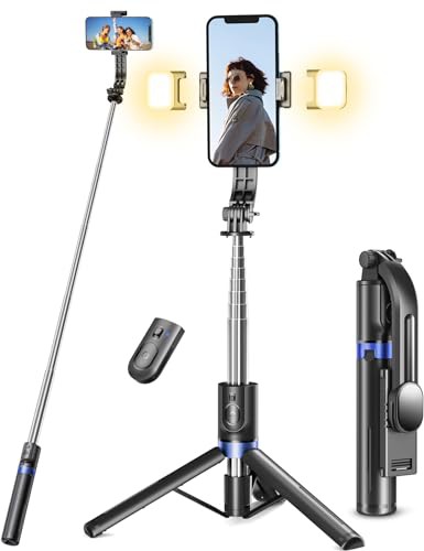 Selfie Stick with 2 Fill Lights, 45'' All-in-One Longer Smartphone Tripod Stand for Filming with Wireless Remote, Portable Mobile Phone Tripod for Smartphone 