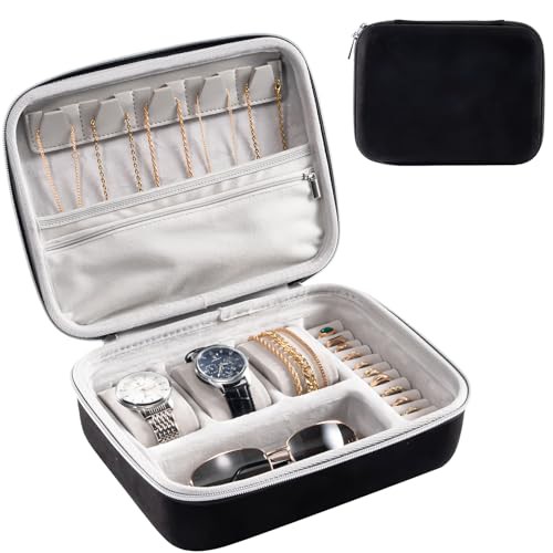 ProCase Mens Travel Jewelry Case, 3 Slots Watch Travel Case, Watch Accessories Carrying Case, Glasses Necklaces Rings Bracelets Zippered Organizer Bag for Men -Blackgrey