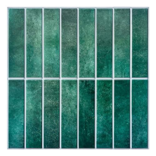 Commomy 10 Pcs Green 3D Peel and Stick on Wall Tiles,11'8 x 11'8 Matte UrltraLight PVC Vertical Self Adhesive Stick on Tiles for Kitchen Backsplash, Bathroom, Living Room, Bedroom, RV
