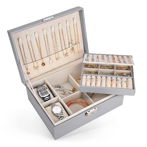 Benxdara Jewellery Box Organiser for Women Girls, 2 Layers Large Jewelry Storage Case with Removable Tray, PU Leather Lockable Jewellery Boxes Holder for Rings Earrings Necklace Bracelets Watch, Grey