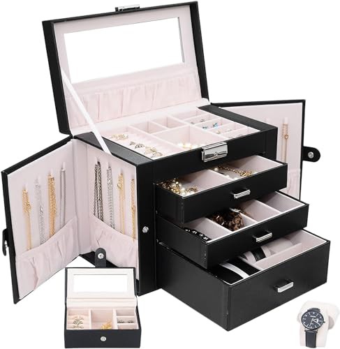 OUUTMEE Jewelry Box Leather Jewelry Organizer/Case for Women Girls Ring Necklace Earring Bracelet Watches Holder Black With Mirror 4-Tier
