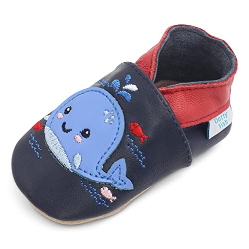 Dotty Fish Soft Leather Baby Shoes for Boys. Toddler Shoes. Non Slip. Animal Designs for Boys and Girls. 0-6 Months - 4-5 Years