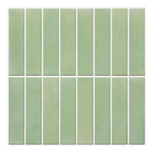 Commomy 10 Pcs Sage Green 3D Self Adhesive Wall Tiles,11'8 x 11'8 Matte UrltraLight PVC Vertical Peel and Stick on Tiles for Kitchen Backsplash, Bathroom, Living Room, Bedroom, RV