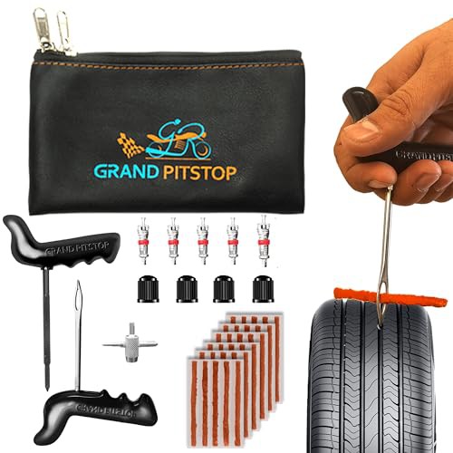 GRAND PITSTOP Universal Tire Puncture Repair Kit includes T Handle for insertion X 1, Tire Reamer Tool X 1, 4 ways valve stem tool X 1, Valves X 4, Cutter X 1, Repair Plugs X 30