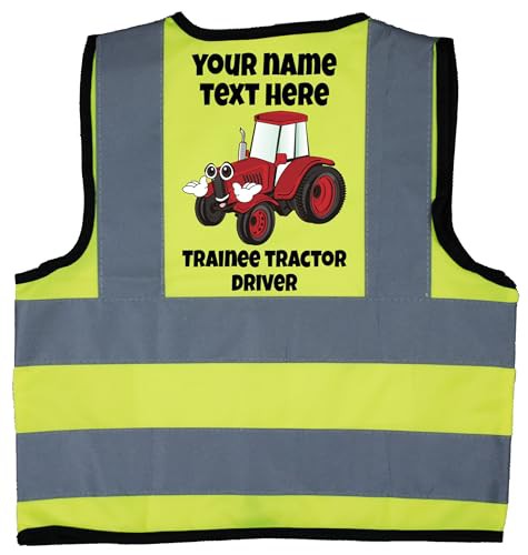 Acce Products Personalised Trainee Tractor Driver Red Baby Children Kids Hi Vis Safety Jacket Vest 0 to 8 Years Optional Personalisation Text To Front