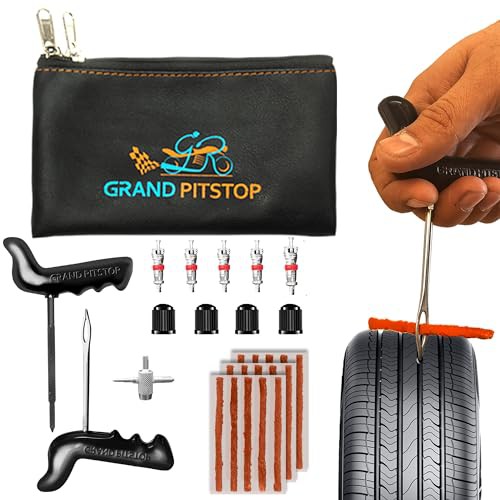 GRAND PITSTOP 27 Pcs Universal Tire Repair Kit, Heavy Duty Car Emergency Tool Kit for Flat Tire Puncture Repair, Compact Kit for Autos, Cars, Motorcycles, Trucks, RVs, etc. 