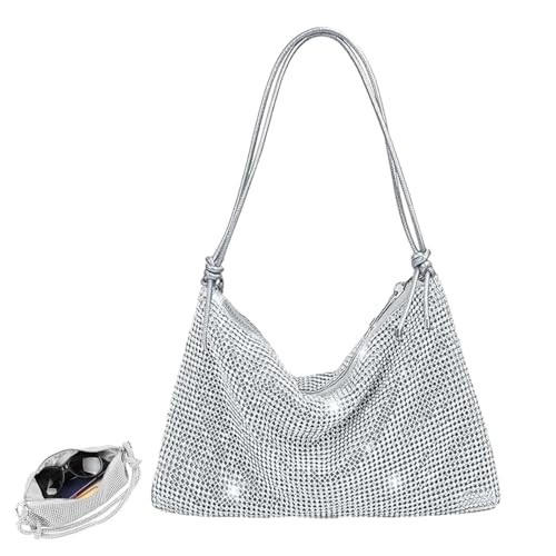 Gruvox Silver Bag Fashion Women Rhinestone Bag Women Rhinestone Evening Clutch Bag Silver Clutch Purse Bling Handbag Shiny Sequin Shoulder Bag for Party Bridal Night Bag Evening Wedding Party Banquet