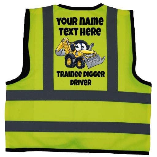 Acce Products Personalised Trainee Digger Driver Colour Excavator Baby Children Kids Hi Vis Safety Jacket Vest Size 1-2 Years Yellow Optional WordingTo Front
