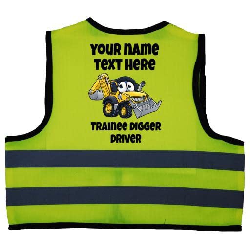 Acce Products Personalised Trainee Digger Driver Colour Excavator Baby Children Kids Hi Vis Safety Jacket Vest Size 0-12 Months Yellow Optional Text To Front