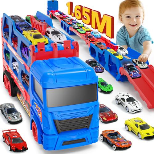Carrier Truck Toys for Kids, 65inch&Foldable Ejection Race Track Playset with 10 Toy Cars