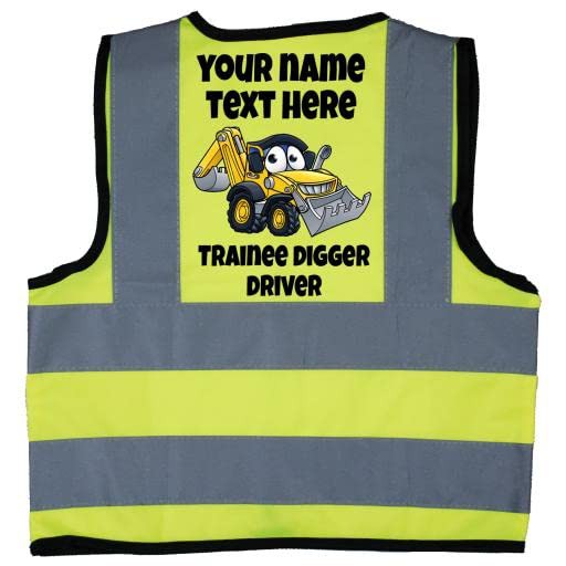 Acce Products Personalised Trainee Digger Driver Colour Excavator Baby Children Kids Hi Vis Safety Jacket Vest Size 7-9 Years Yellow Optional WordingTo Front