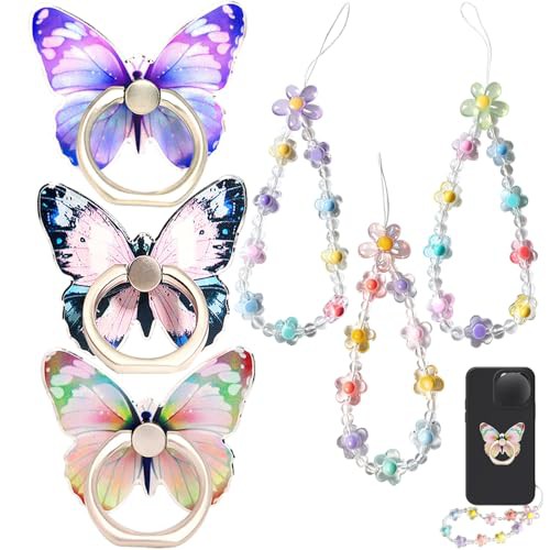 BSITSSS 3 PCS Phone Wrist Strap, Phone Charm, Mobile Phone Charms + 3PCS Phone Ring Holder Grip, Cute Crystal Beaded Phone Strap, Phone Bracelet Strap, Lanyard Phone Chain Keychain for Girls Women