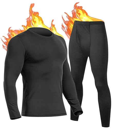 UNIQUEBELLA Mens Thermal Underwear Set Long Sleeve Tops Long Johns Thermal Base Layer Bottom Fleece Lined Quick Drying