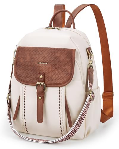 Missnine Women Anti-theft Backpack,PU Leather Ladies Fashion Multi-pocket Backpack for 13 Inch Laptop,Convertible Shoulder Bag with Secured Zippers for Daily Holidays,Brown + Beige