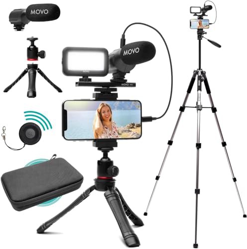 Movo iVlogger Vlogging Kit for iPhone with Fullsize Tripod - Lightning Compatible YouTube Starter Kit for Content Creators - Accessories: Tripods, Phone Mount, LED Light and Shotgun Mic 