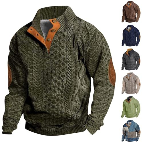 Plus Size Mens Jumper Print Sweatshirt Button up with Elbow Patches Casual Wool Sweaters Stand up Collar Fashionable Loose Trendy 3D Printed Pullover Long Sleeved Winter Tops Daily Essentials Sales