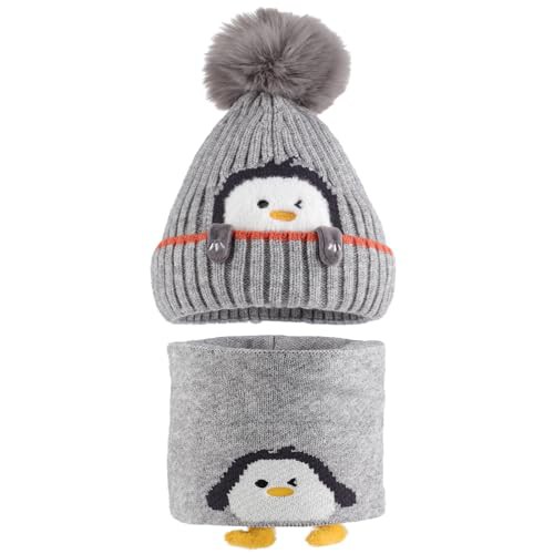 MASOCIO Toddler Hat Scarf Set Winter Boys Girls Baby Kids Bobble Beanie Thermal Knitted Wooly 2 Warm Fleece Neck Warmer 6 9 12 18 Months Snood Caps Age 1-3 Years Grey