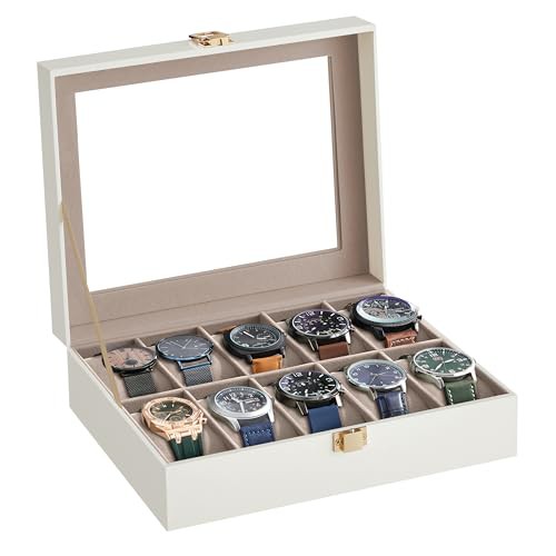 SONGMICS Watch Box with 10 Slots, Watch Case with Glass Lid, Watch Display Box with Removable Watch Pillows, Metal Clasp, Gift Idea, Cloud White Synthetic Leather, Cappuccino Beige Lining JWB010W01