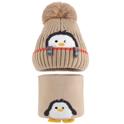 MASOCIO Toddler Hat Scarf Set Winter Boys Girls Baby Kids Bobble Beanie Thermal Knitted Wooly 2 Warm Fleece Neck Warmer 6 9 12 18 Months Snood Caps Age 1-3 Years Khaki