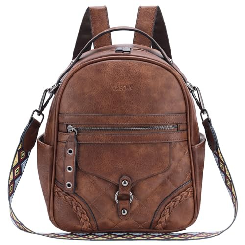 VASCHY Mini Backpack for Women,Fashion Vegan Leather Small Ladies Rucksack Shoulder Handbag with Guitar Strap for Teens Girls（Brown）