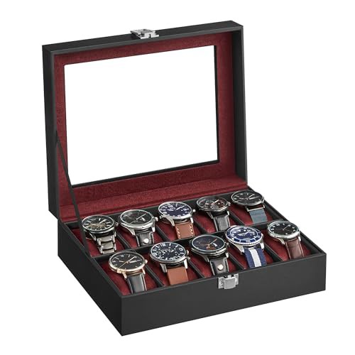 SONGMICS Watch Box with 10 Slots, Watch Case with Glass Lid, Watch Display Box with Removable Watch Pillows, Metal Clasp, Gift Idea, Black Synthetic Leather, Wine Red Lining JWB010R01
